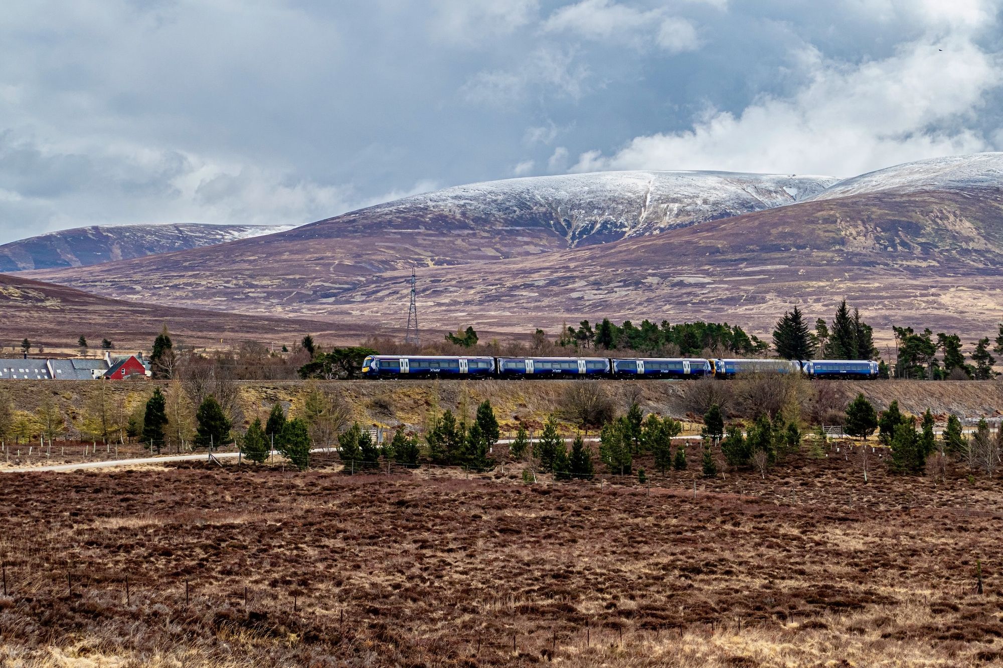 Bild: Ein blauer Zug, im Hintergrund schneebedeckte Berge