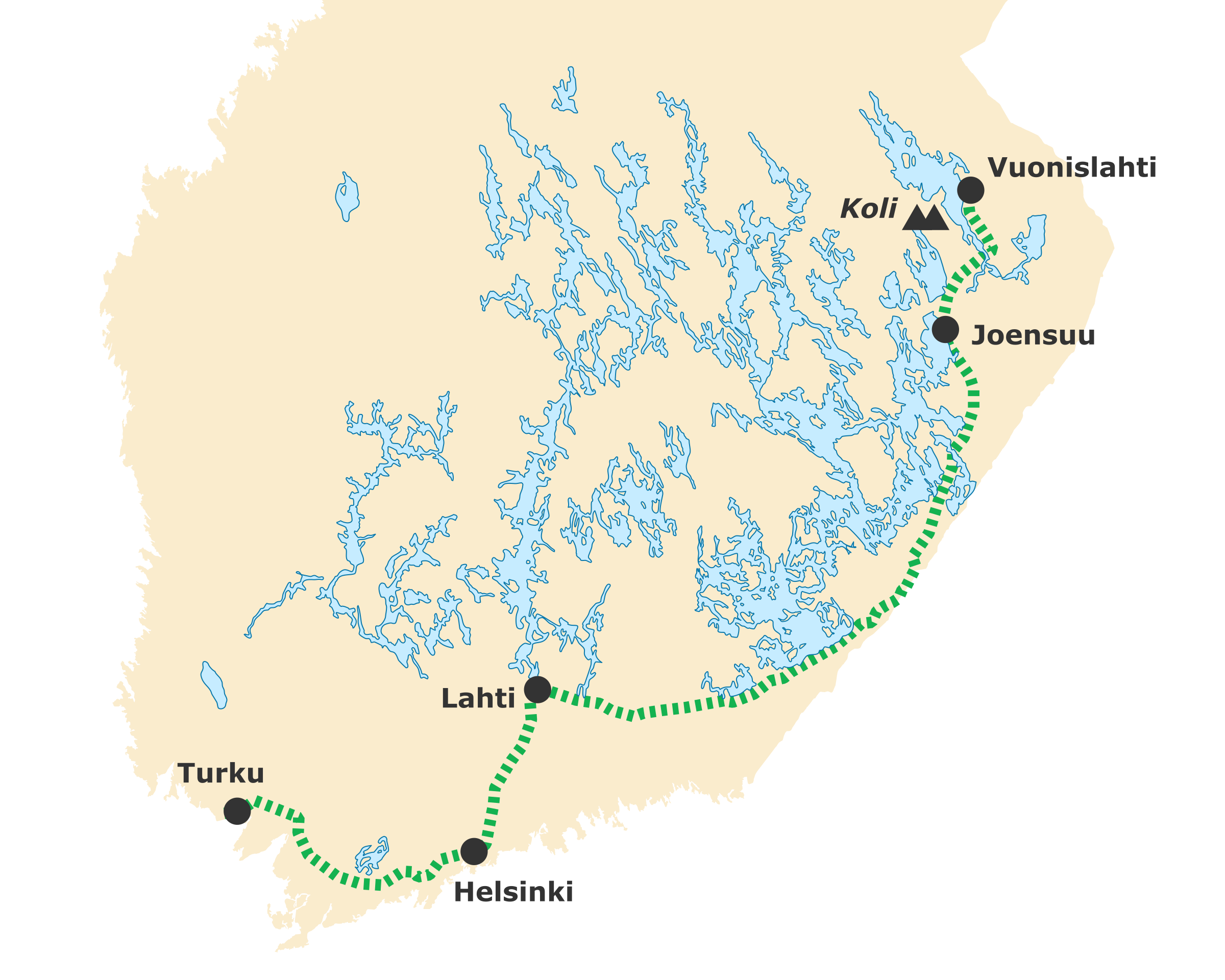 Karte: Mit dem Zug von Turku über Helsinki und Joensuu nach Vuonislahti