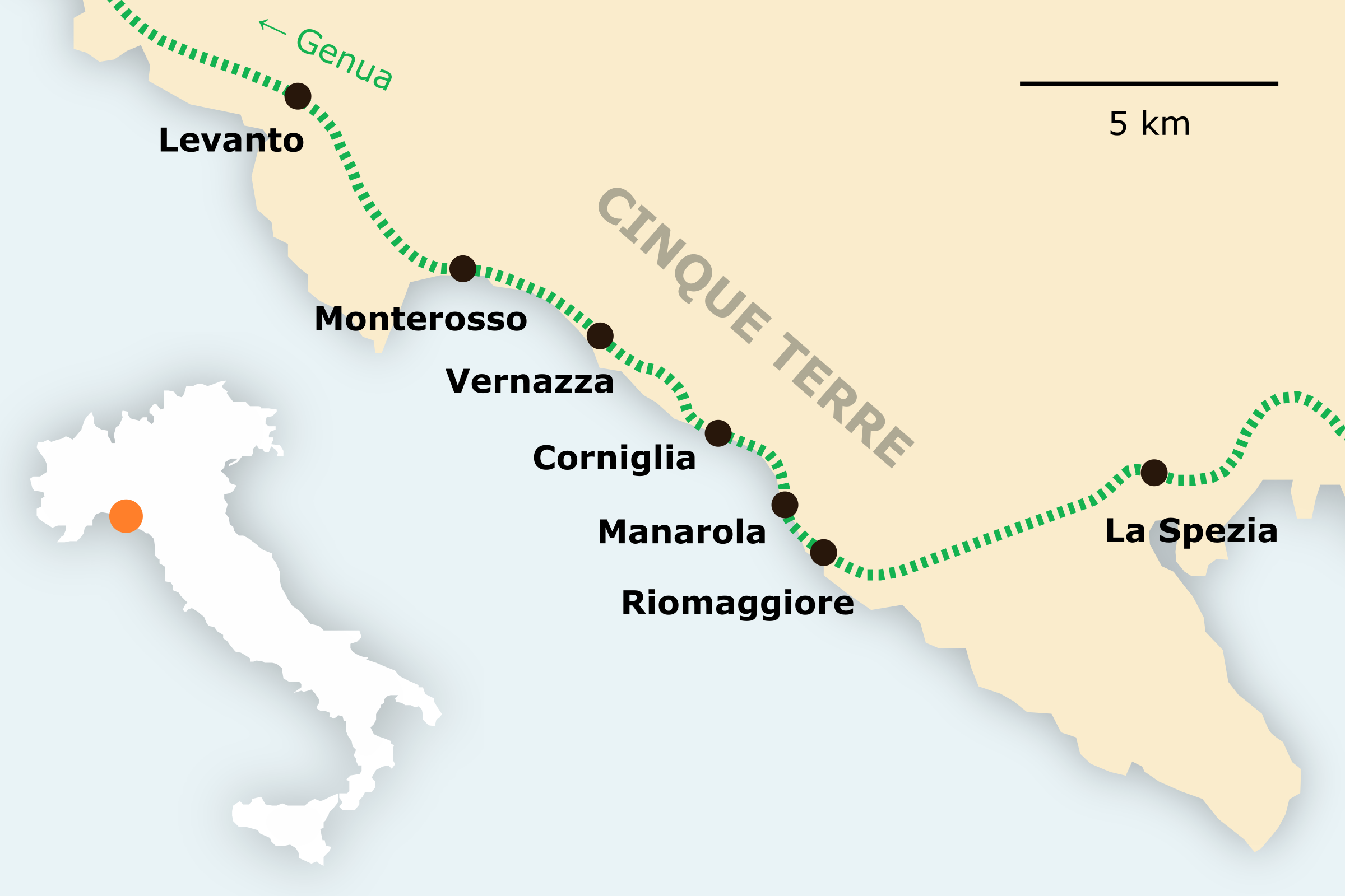 Karte von Cinque Terre mit Bahnstrecke Genua – La Spezia