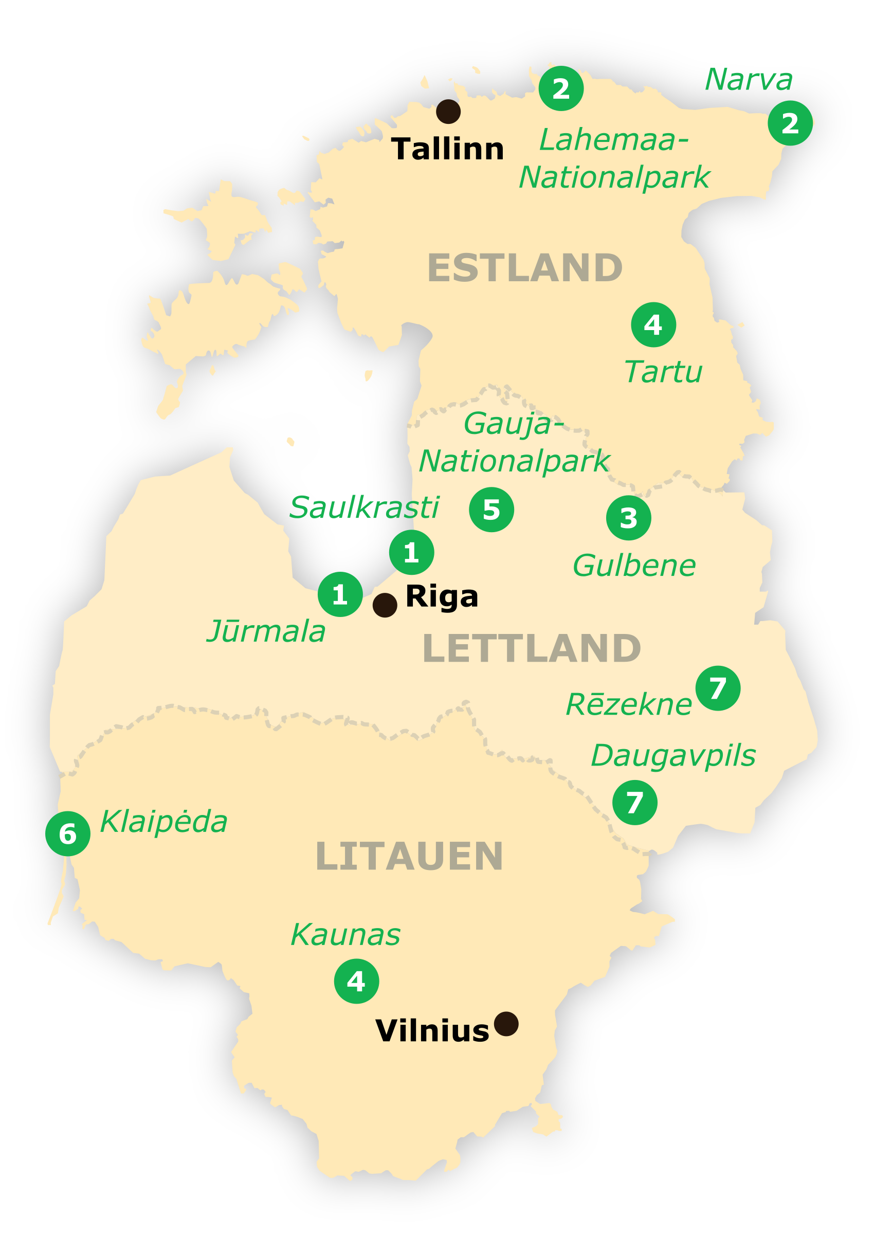 Landkarte von Estland, Lettland und Litauen mit den im Artikel vorgestellten Bahnreisen
