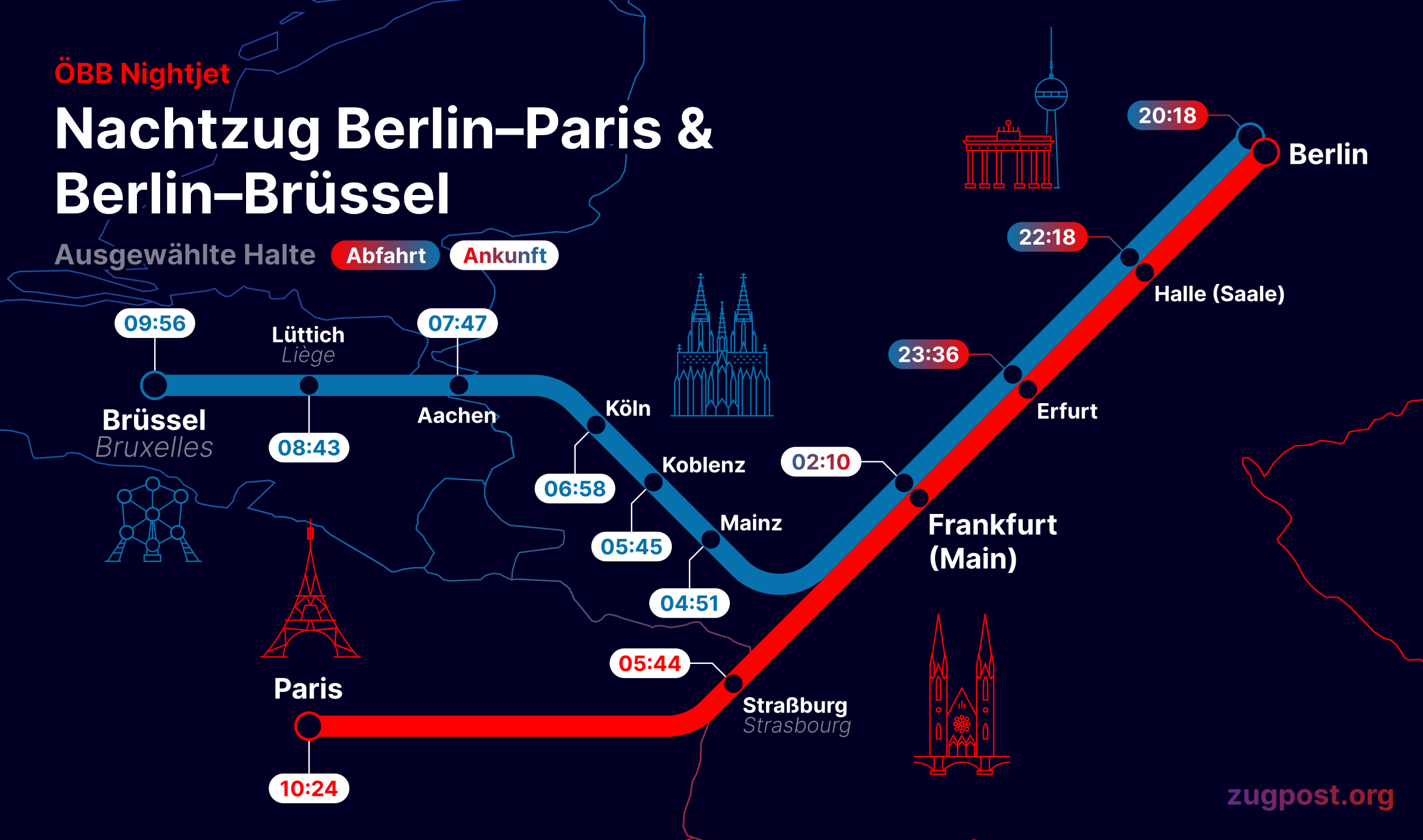 Karte Nachtzug Berlin–Paris und Berlin–Brüssel
