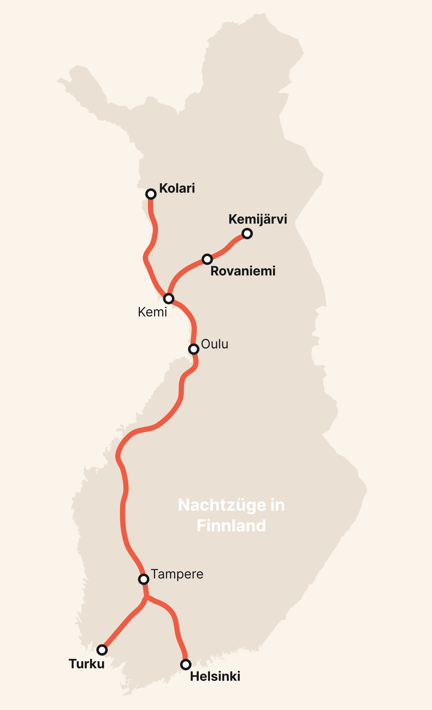 Karte mit Nachtzugverbindungen in Finnland