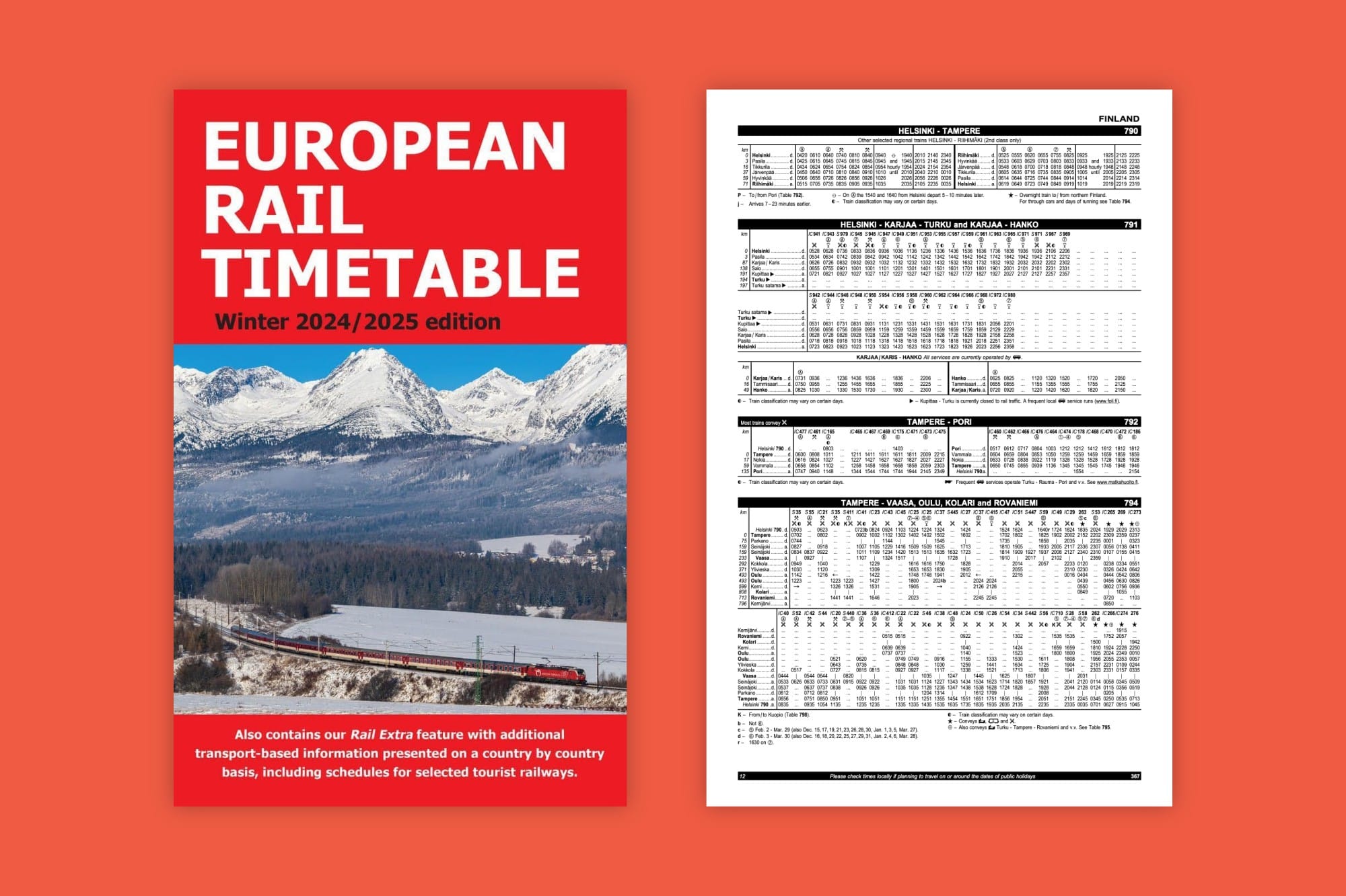 European Rail Timetable: Cover und Beispielseite mit Fahrplantabellen