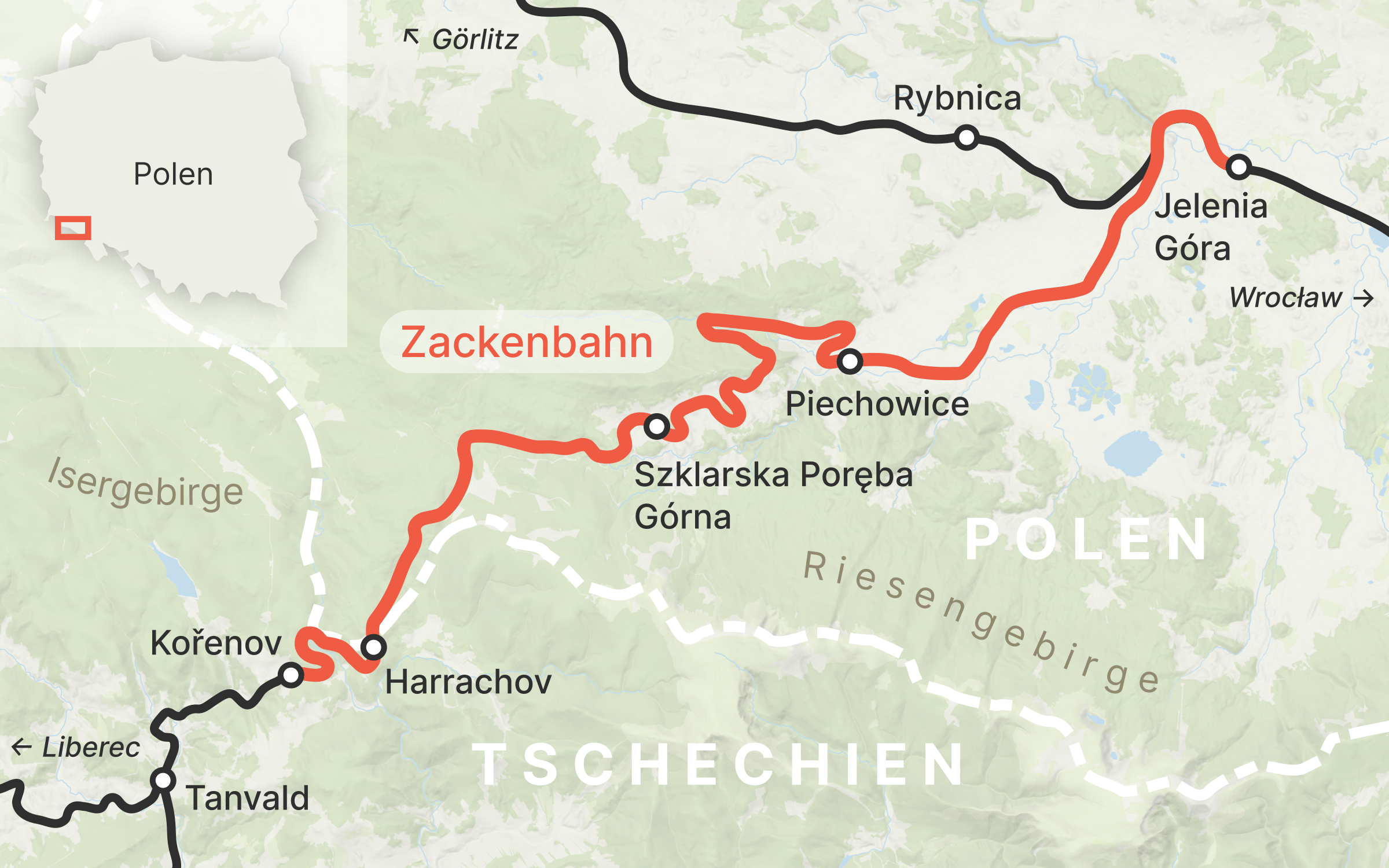 Karte der Zackenbahn im Grenzgebiet zwischen Polen und Tschechien