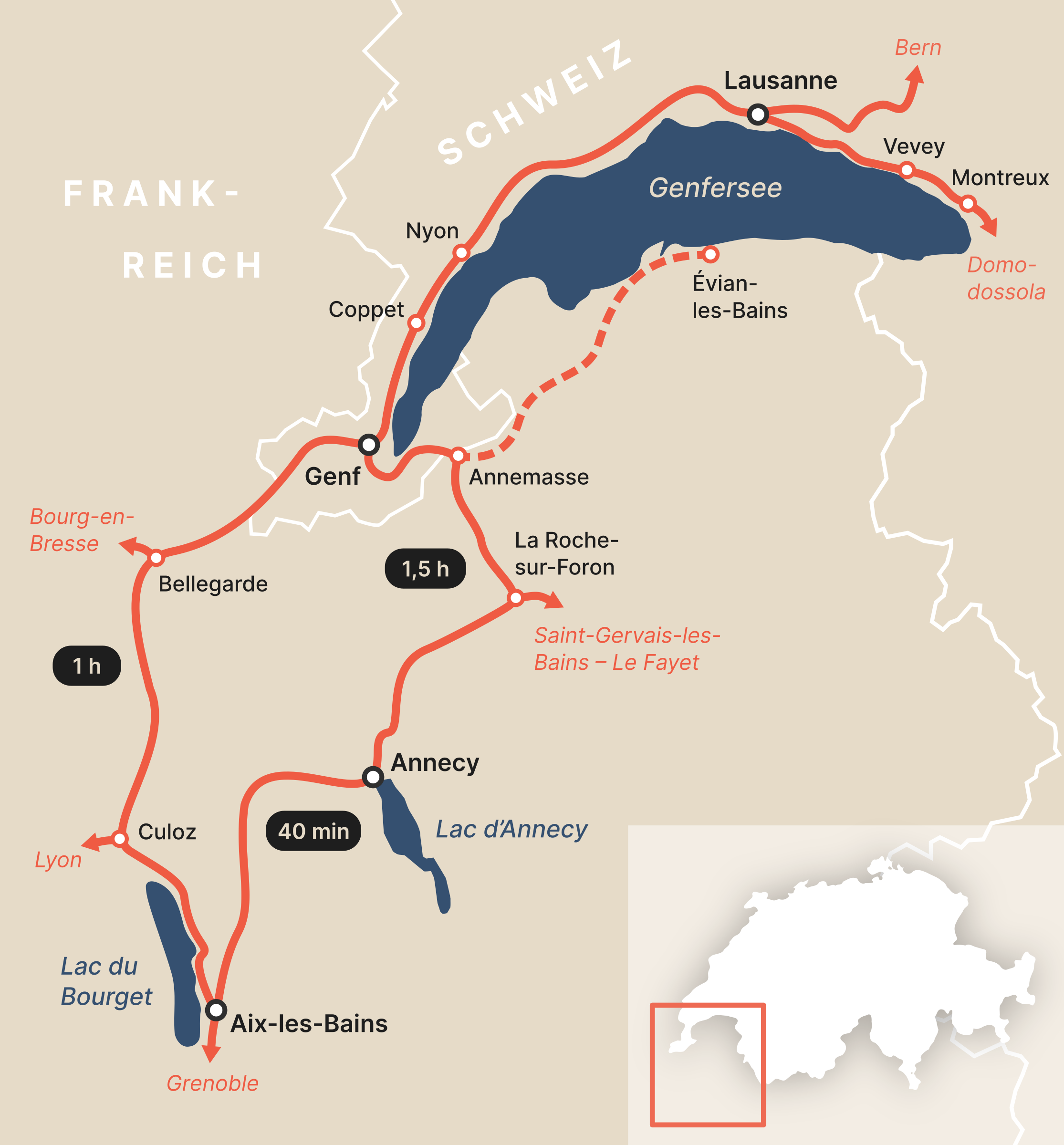 Karte mit Bahnstrecken zwischen Genfersee, Lac du Bourget und Lac d'Annecy