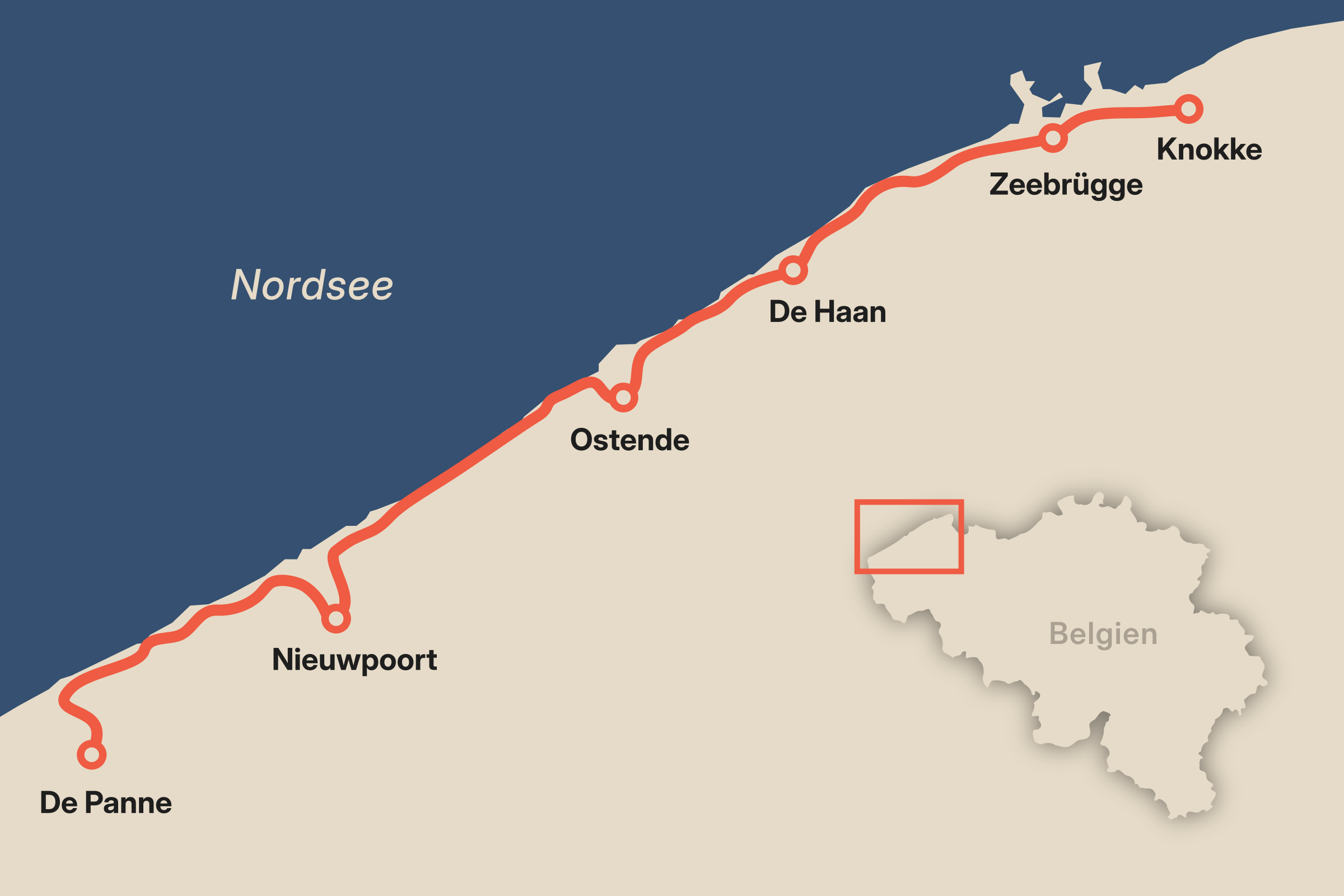 Karte mit dem Verlauf der Kusttram