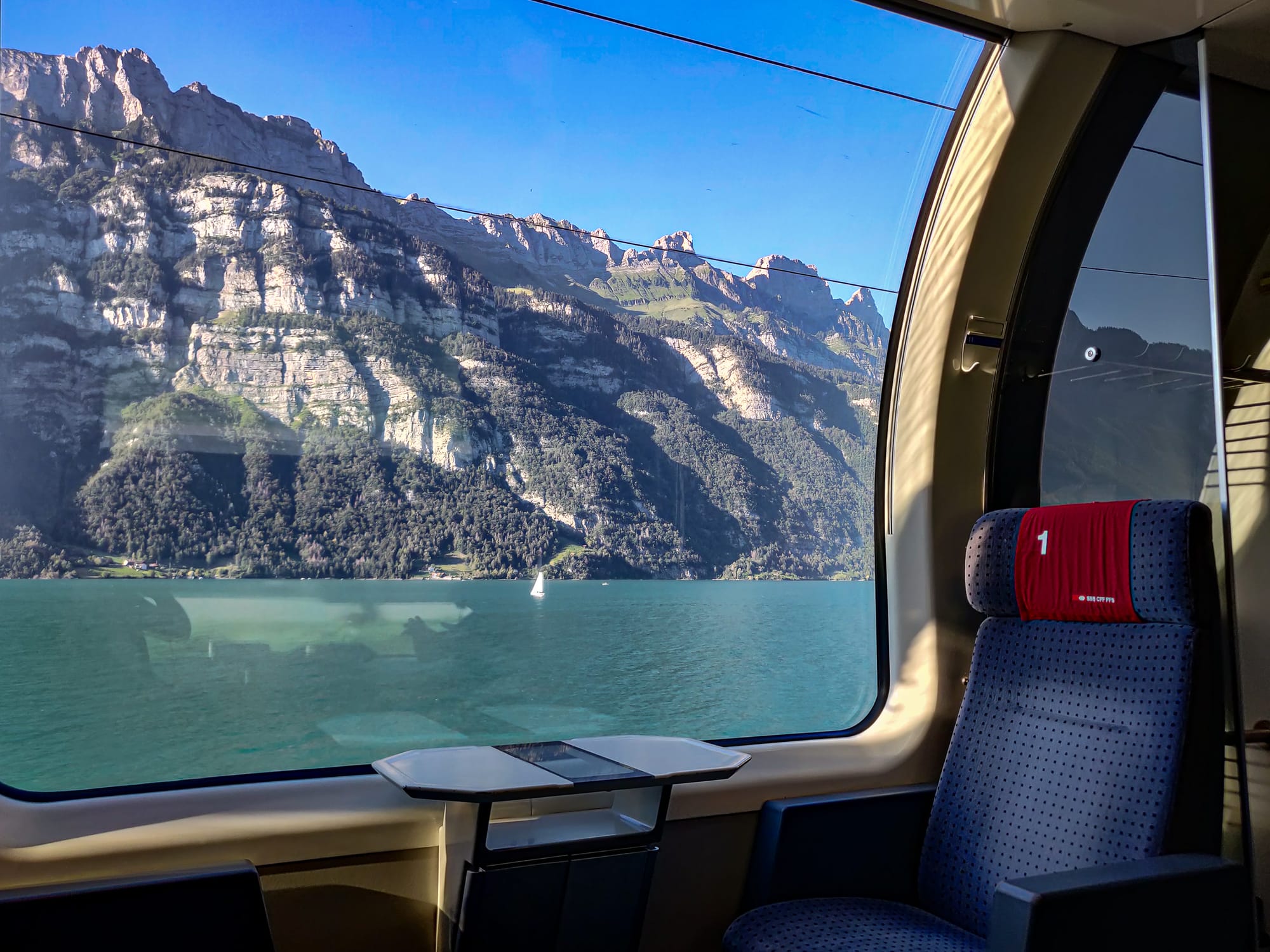 Ausblick aus den Panoramawagen auf den Walensee mit türkisblauem Wasser