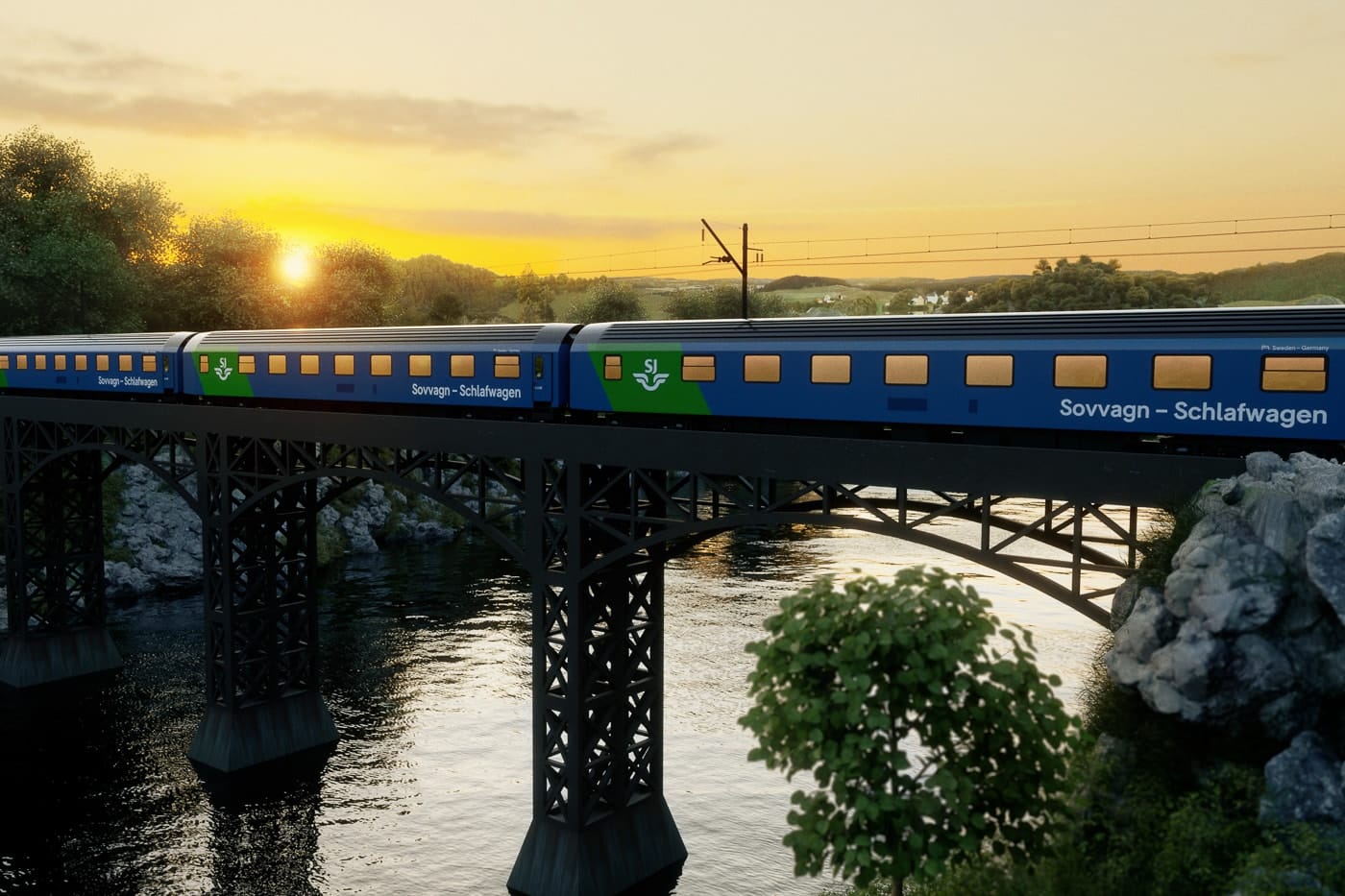 Nachtzug der SJ auf einer Brücke