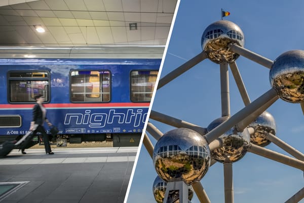 Montage mit einem ÖBB Nightjet und dem Atomium von Brüssel